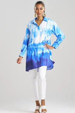 Natori Plus Sizes|Tops, Shirts & Tunics-Santorini Printed Cotton Silk Oversized Shirt