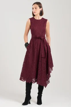 Natori Dresses-Scroll Lace Asymmetric Belted Dress