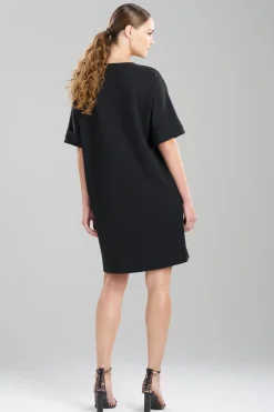 Natori Dresses-Solid Knit Crepe Embroidered T-Shirt Dress