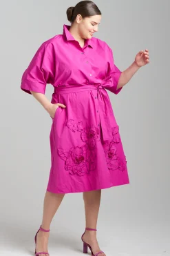 Natori Dresses|Plus Sizes-Tech Cotton Taffeta Embroidered Belted Dress