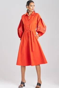 Natori Dresses-Tech Cotton Taffeta Embroidered Shirtdress