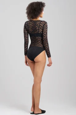 Natori Bodysuits & Bodywear-Temptation Sheer Allover Lace Long Sleeve Bodysuit