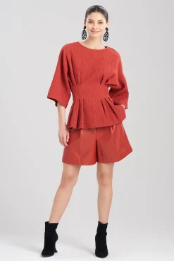 Natori Tops, Shirts & Tunics-Textured Cotton Jacquard Pleated Peplum Top