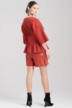 Natori Tops, Shirts & Tunics-Textured Cotton Jacquard Pleated Peplum Top