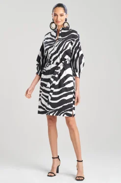 Natori Dresses-Zebra Cotton Poplin Balloon Sleeve Belted Shirtdress