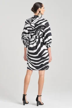 Natori Dresses-Zebra Cotton Poplin Balloon Sleeve Belted Shirtdress