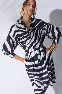 Natori Dresses-Zebra Cotton Poplin Balloon Sleeve Belted Shirtdress