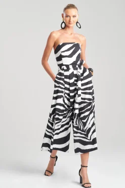 Natori Jumpsuits-Zebra Cotton Poplin Bustier Belted Palazzo Jumpsuit
