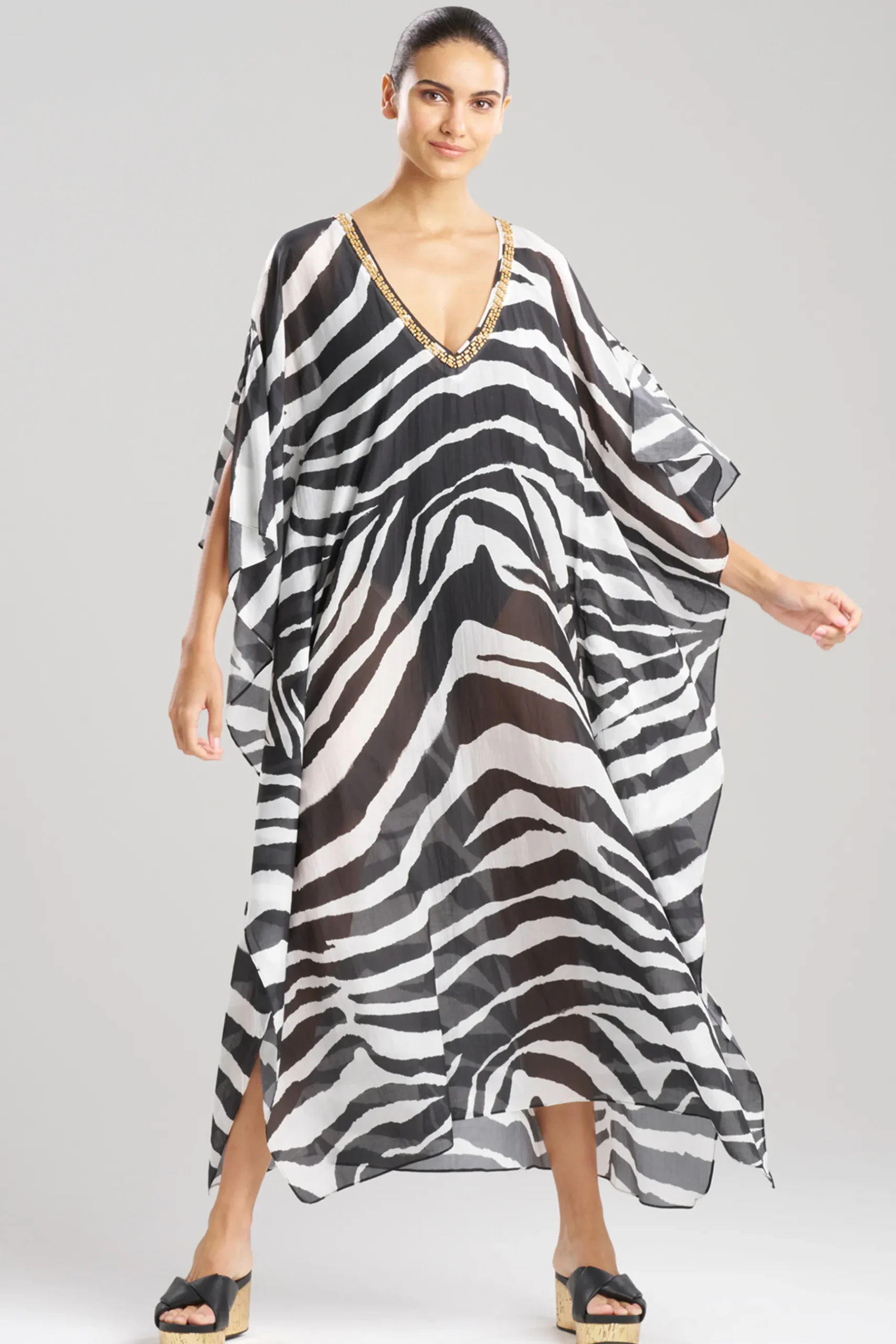Natori Beach Caftans-Zebra Cotton Silk Beaded Sheer Caftan