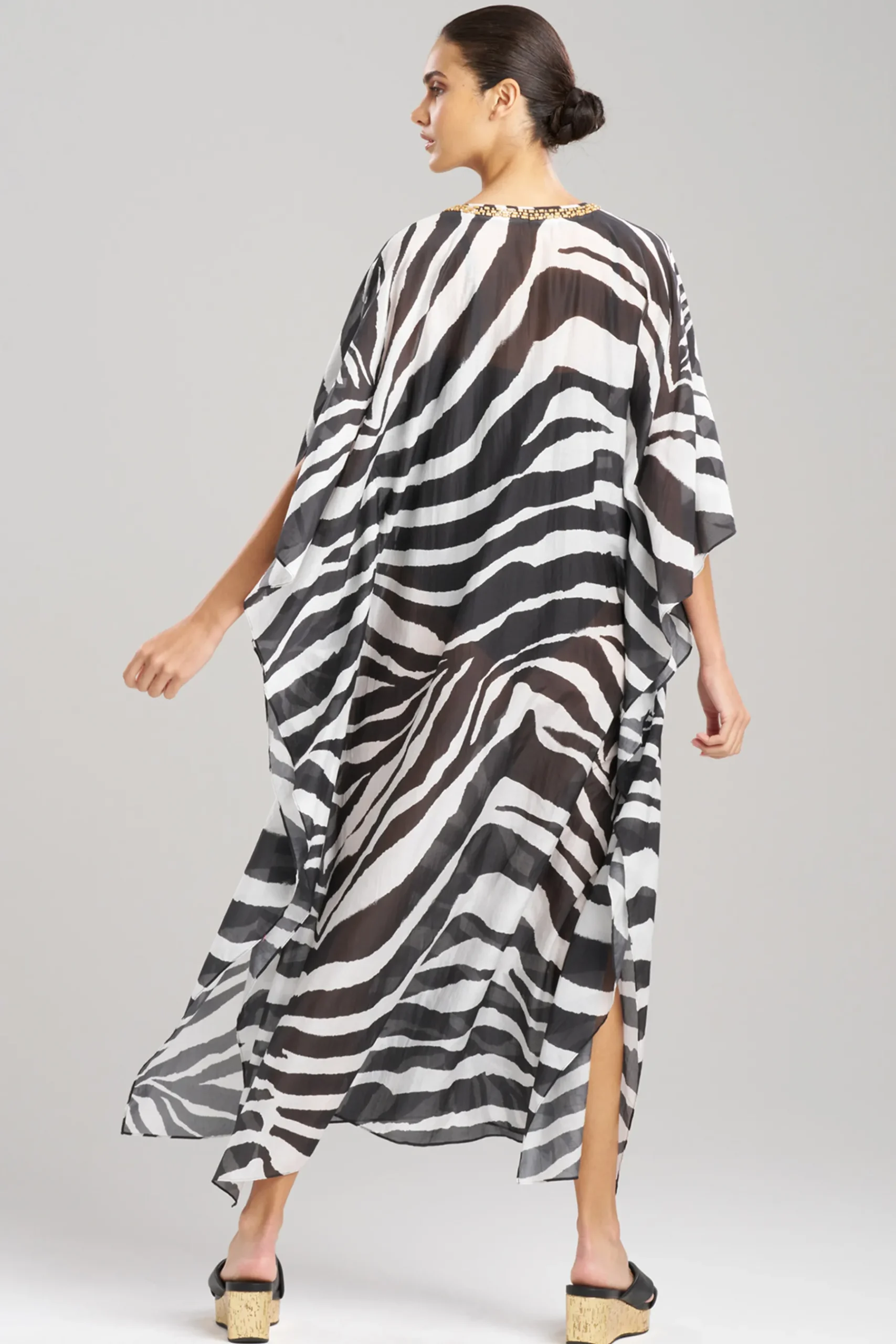 Natori Beach Caftans-Zebra Cotton Silk Beaded Sheer Caftan